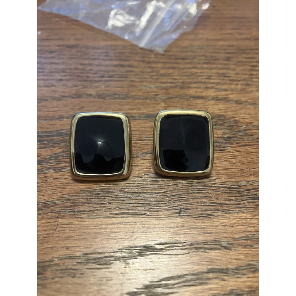 Monet Earrings Square Stud Black Enamel & Gold Tone Classic Retro 0.75" Vintage